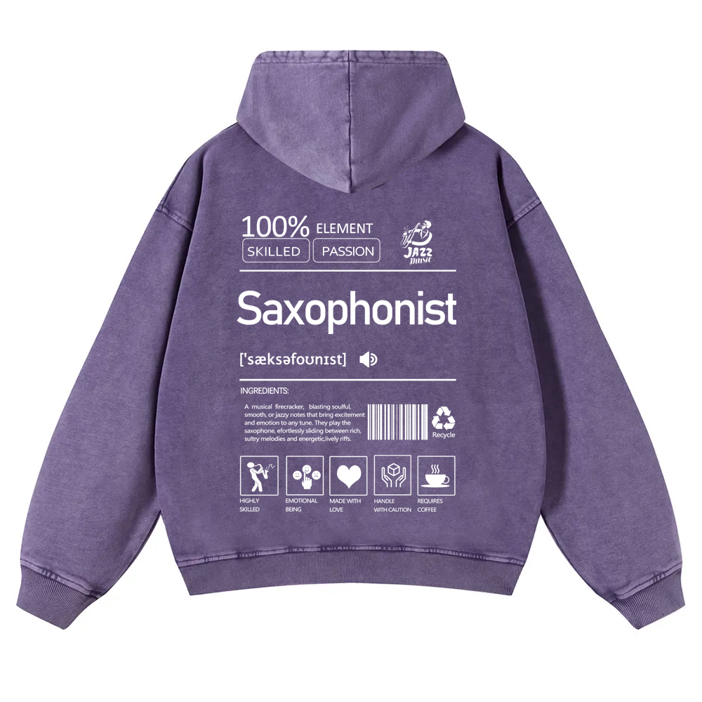 Saxophonist Unisex Casual Washed Hoodie wearishow