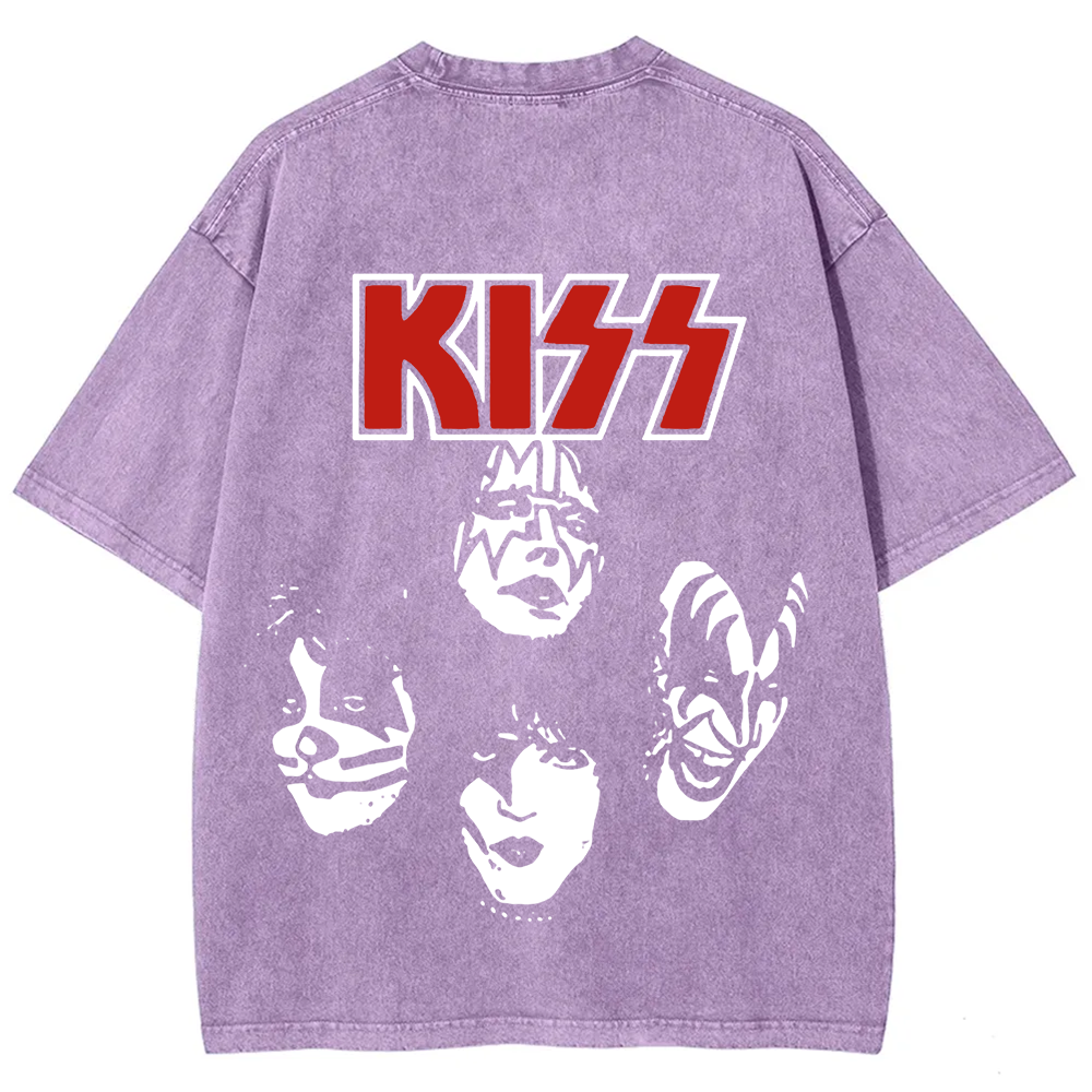 Unisex washed Kiss Rock Heavy Metal Band T-shirt