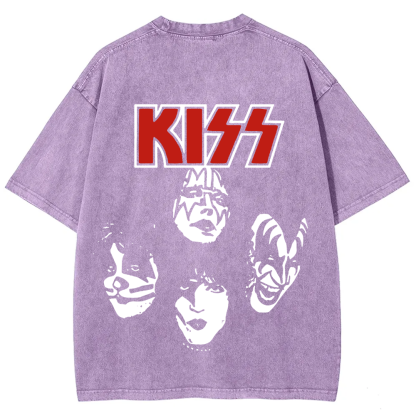 Unisex washed Kiss Rock Heavy Metal Band T-shirt