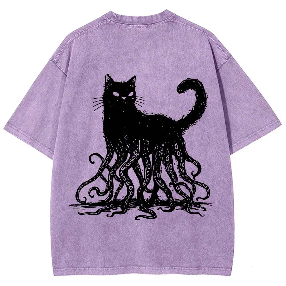 Unisex Vintage Washed Octopus And Black Cat Print T-Shirt
