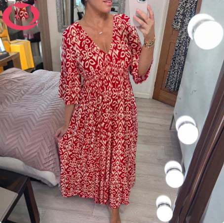 🔥Bohemian print V-neck waist wrap long dress
