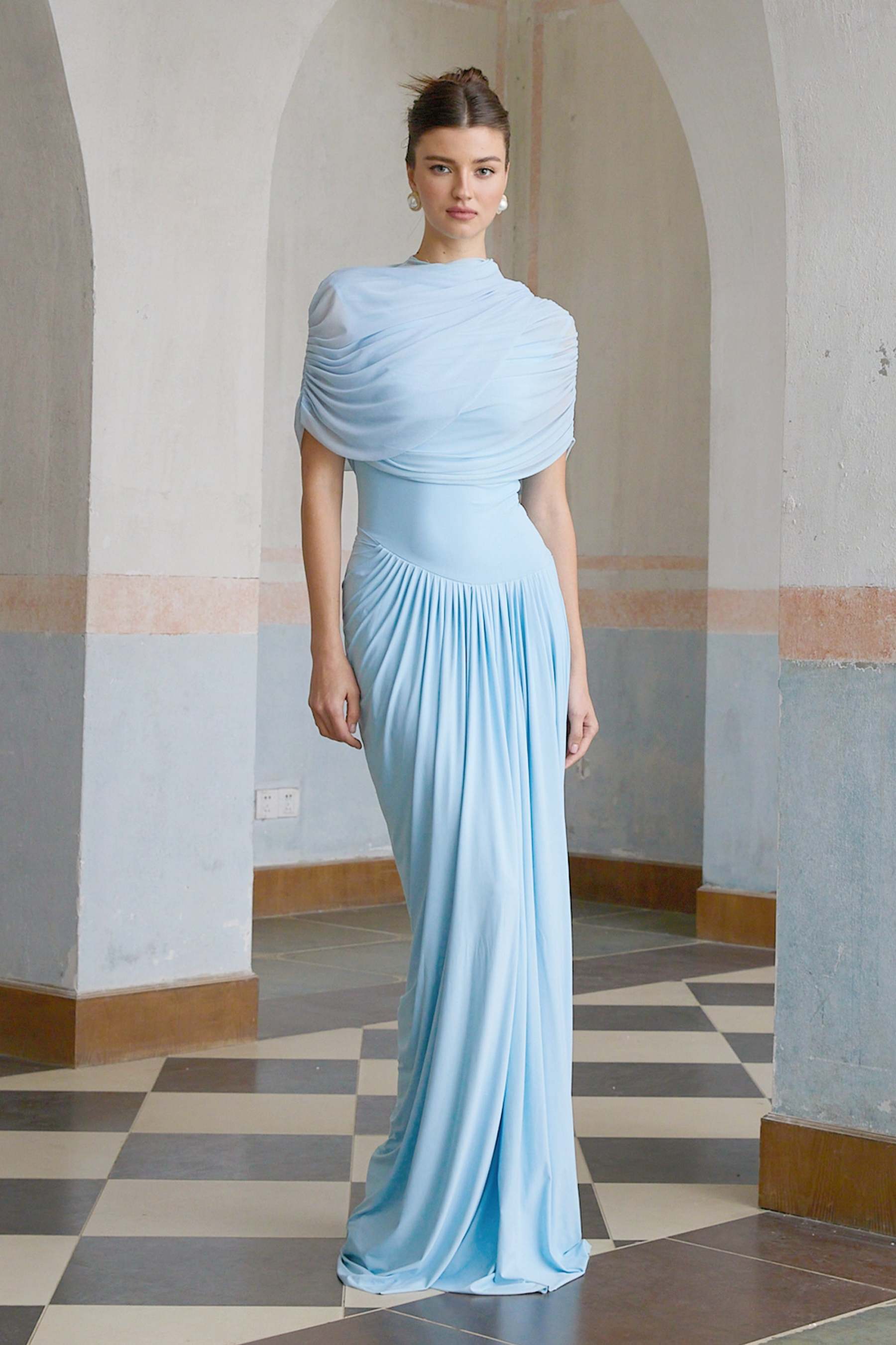 Catherine asymmetrical pleated maxi dress in Baby-blue