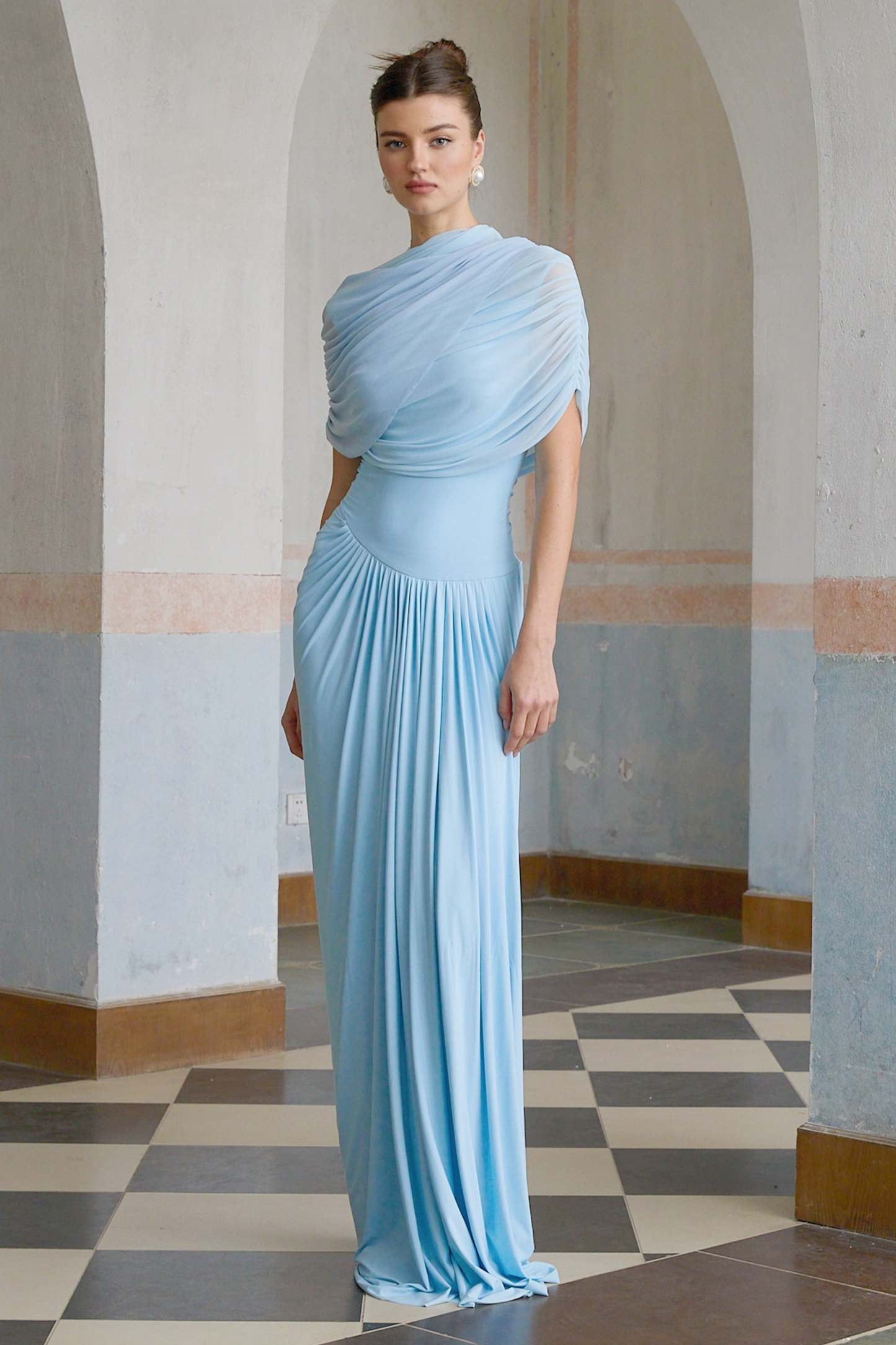 Catherine asymmetrical pleated maxi dress in Baby-blue