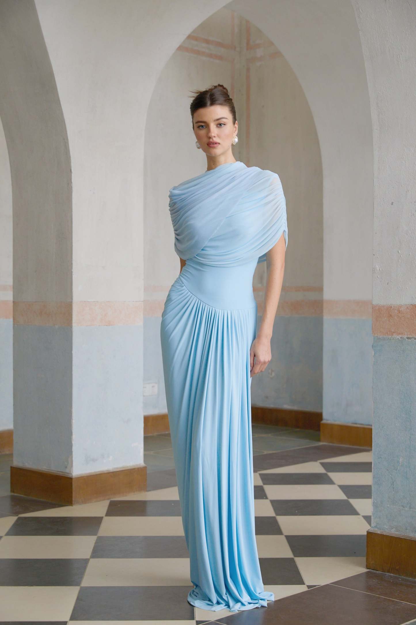 Catherine asymmetrical pleated maxi dress in Baby-blue
