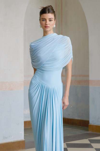 Catherine asymmetrical pleated maxi dress in Baby-blue