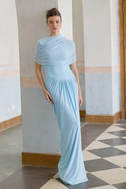 Catherine asymmetrical pleated maxi dress in Baby-blue