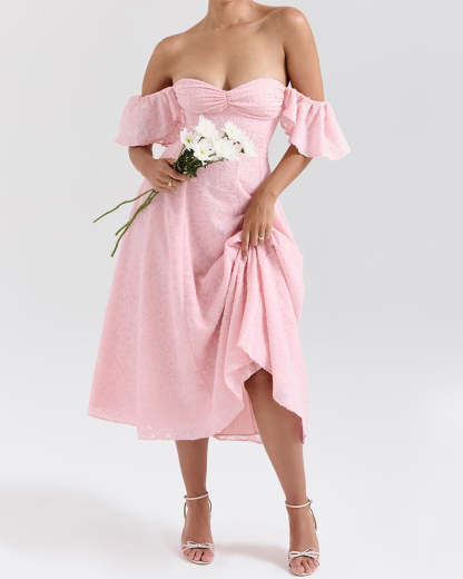 Pink Jacquard Ruched Square Neck Midi Dress