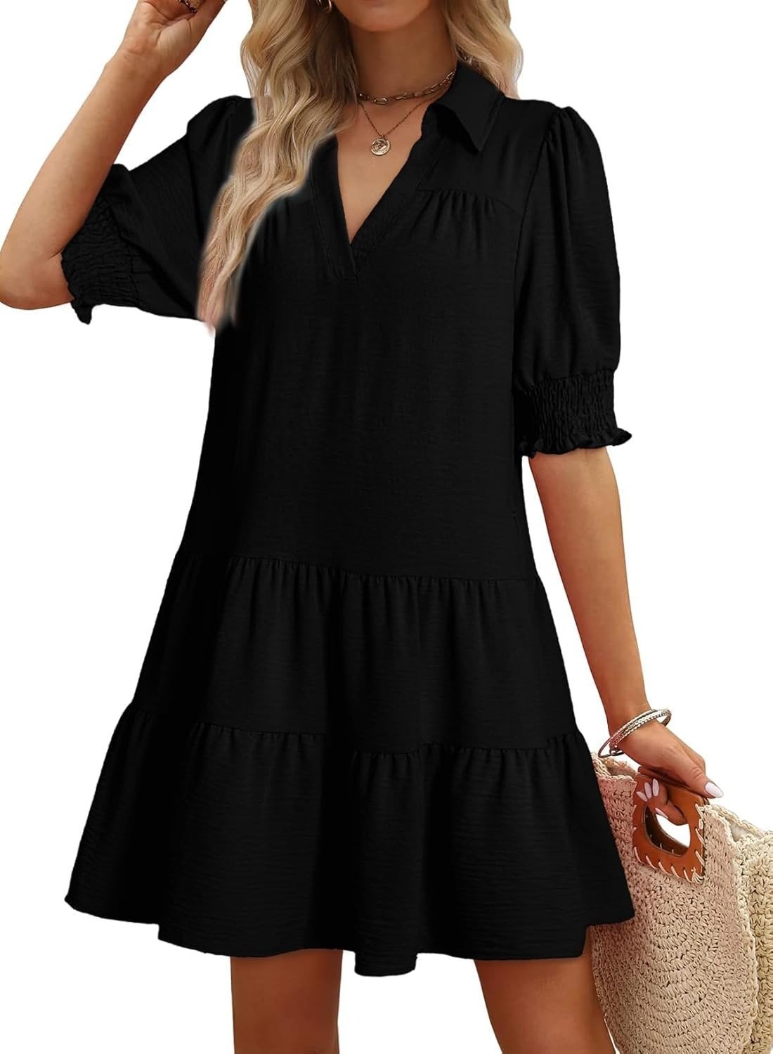 Women's Smocked Sleeve Tiered V-Neck Mini Dress