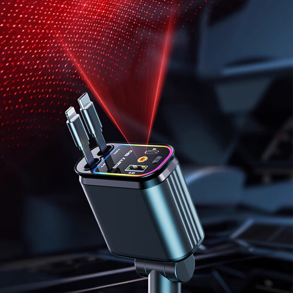 Starry Sky Roof Car Charger120W Super Fast Charging Car Charger with Retractable Cable Ambient Light for Car Interior Cigarette Lighter