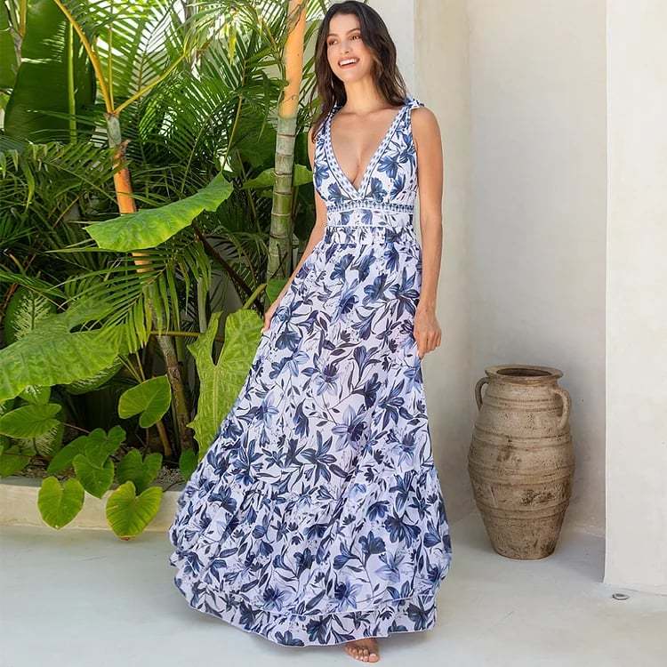 V Neck Ruffle Lace Up Printed One Piece Swimsuit and Skirt