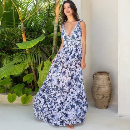 V Neck Ruffle Lace Up Printed One Piece Swimsuit and Skirt