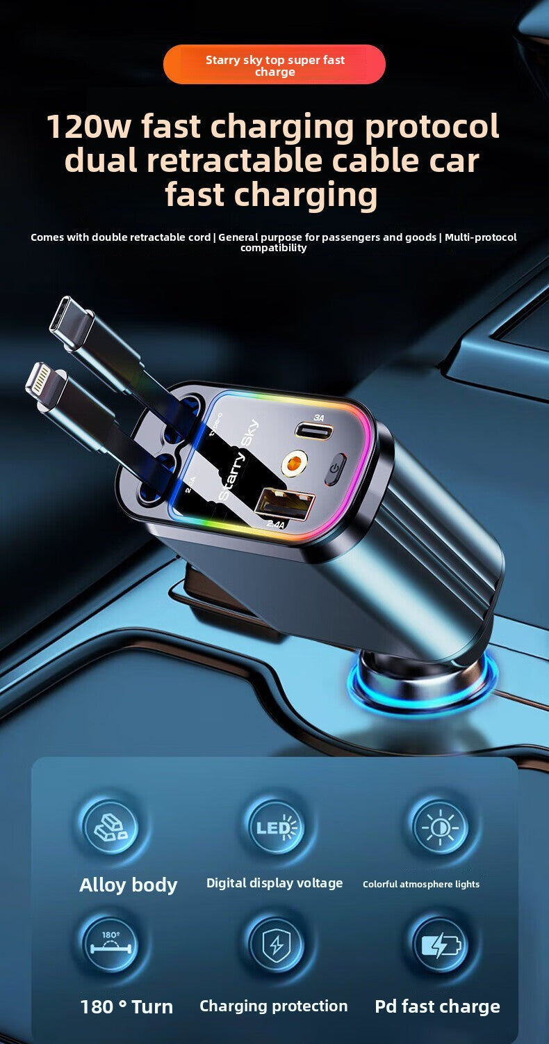 Starry Sky Roof Car Charger120W Super Fast Charging Car Charger with Retractable Cable Ambient Light for Car Interior Cigarette Lighter