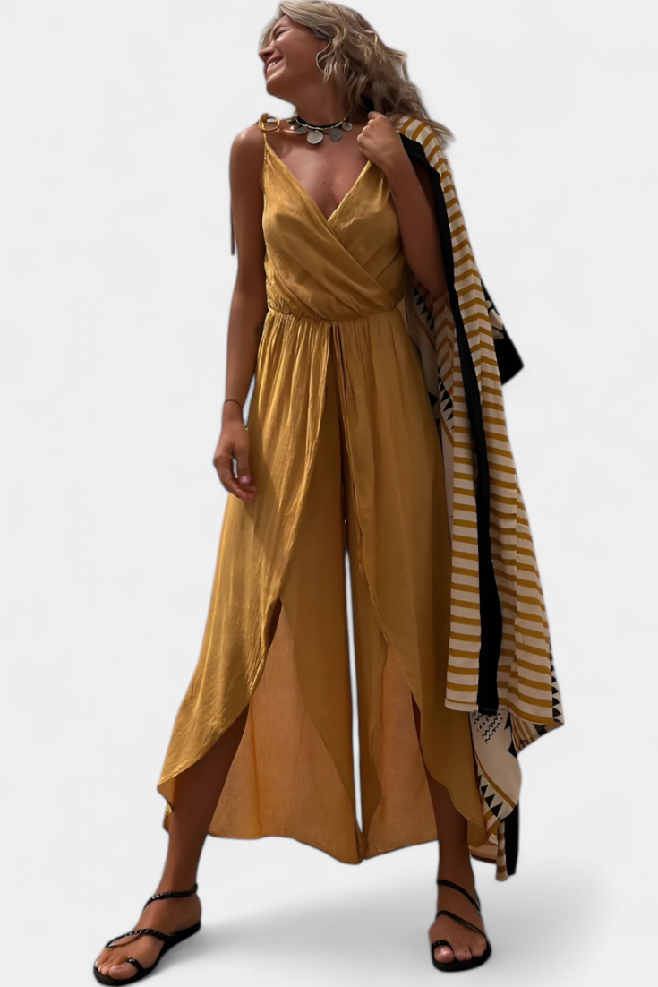 Washed Cotton Jumpsuit with Side Slits