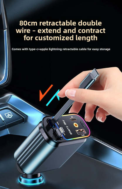 Starry Sky Roof Car Charger120W Super Fast Charging Car Charger with Retractable Cable Ambient Light for Car Interior Cigarette Lighter