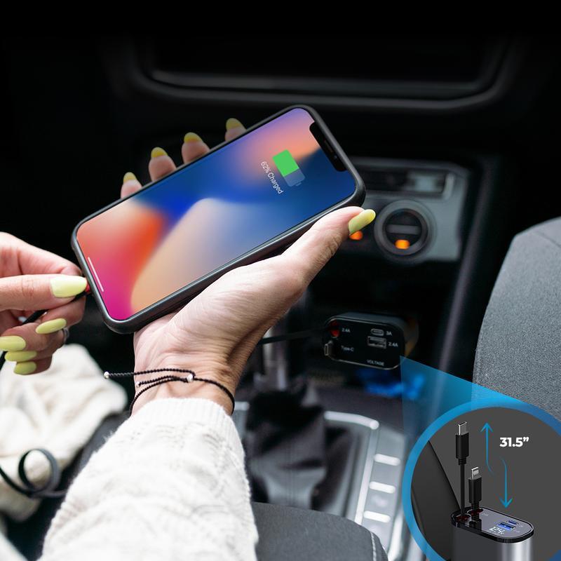 AutoSky 4 in 1 Retractable Car Charger with Fast Charge - USB-C & Lightning cable plus a USB-C and USB-A port