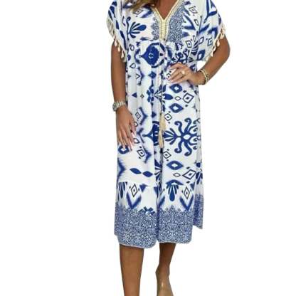 Printed Casual Dress With V-Neckline and Fringes on the Short Sleeves