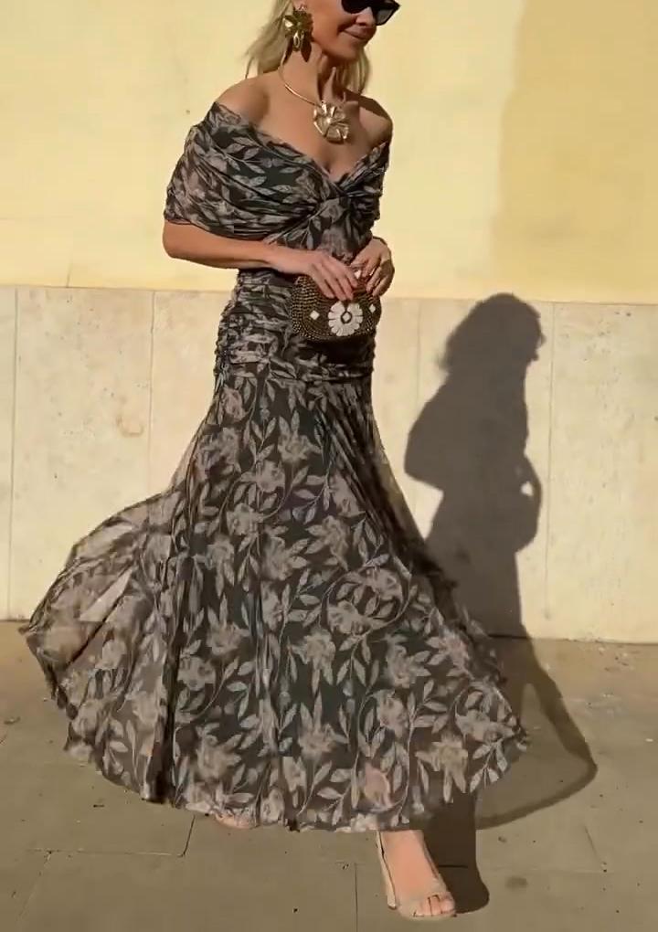 Women's off-the-shoulder V-neck printed dress