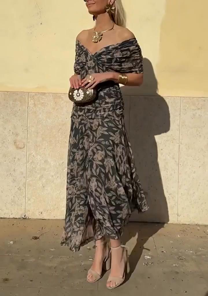 Women's off-the-shoulder V-neck printed dress