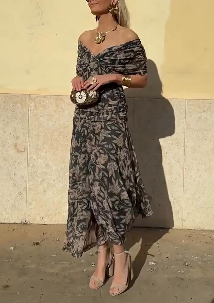 Women's off-the-shoulder V-neck printed dress