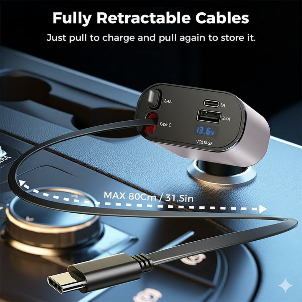 AutoSky 4 in 1 Retractable Car Charger with Fast Charge - USB-C & Lightning cable plus a USB-C and USB-A port