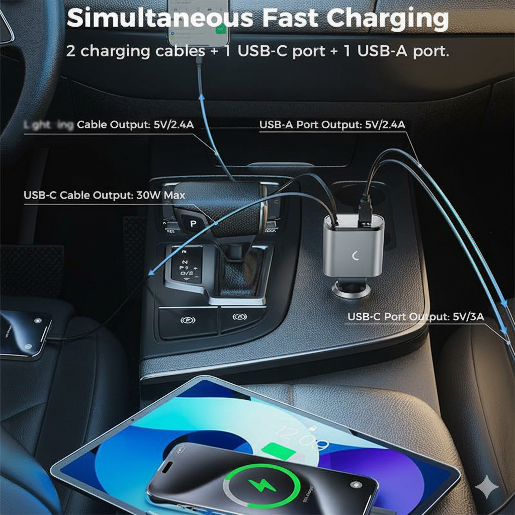 AutoSky 4 in 1 Retractable Car Charger with Fast Charge - USB-C & Lightning cable plus a USB-C and USB-A port