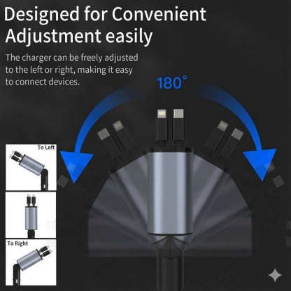 AutoSky 4 in 1 Retractable Car Charger with Fast Charge - USB-C & Lightning cable plus a USB-C and USB-A port