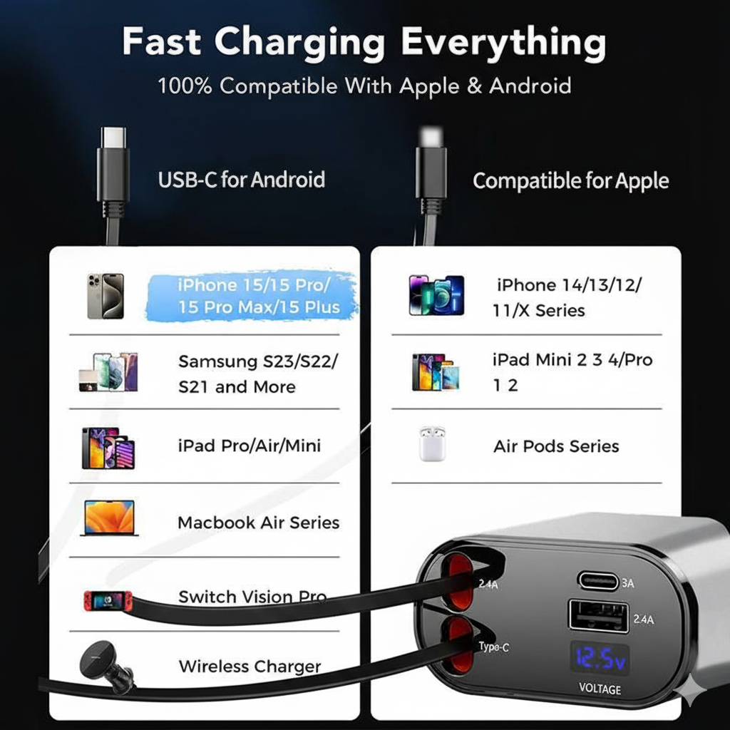 AutoSky 4 in 1 Retractable Car Charger with Fast Charge - USB-C & Lightning cable plus a USB-C and USB-A port