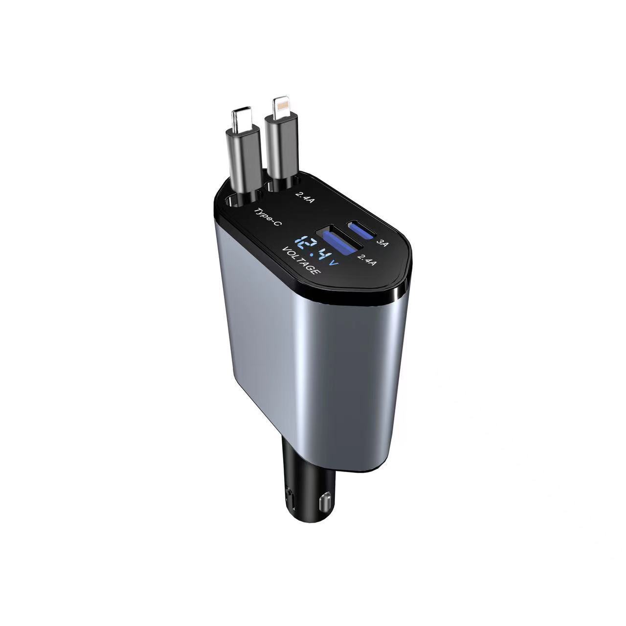  4 in 1 Retractable Car Charger with Fast Charge - USB-C & Lightning cable plus a USB-C and USB-A port