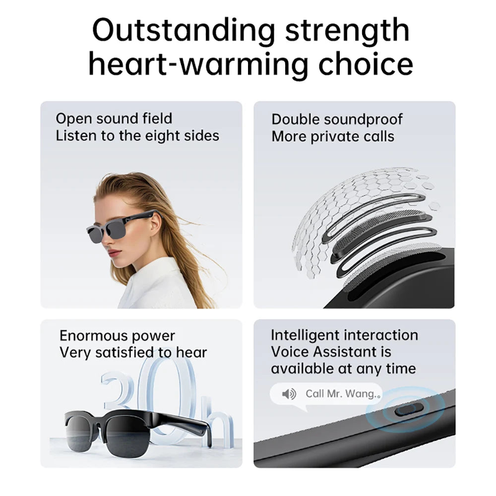 Smart Glasses Wireless Bluetooth 6.0 Stereo Headphones Call Music Outdoor Cycling Sunglasses Voice Control HIFI Anti-UV Glasses