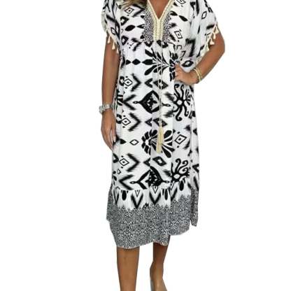 Printed Casual Dress With V-Neckline and Fringes on the Short Sleeves