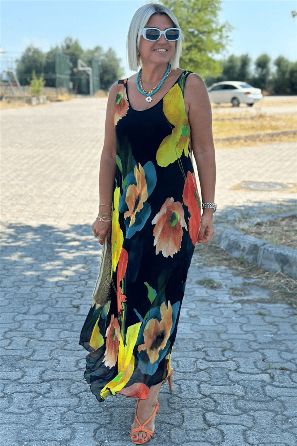 Floral Print Silk Chiffon Maxi Dress with U-Neckline