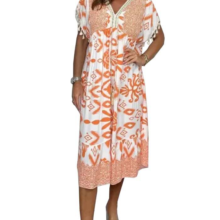 Printed Casual Dress With V-Neckline and Fringes on the Short Sleeves