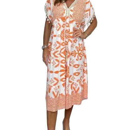 Printed Casual Dress With V-Neckline and Fringes on the Short Sleeves