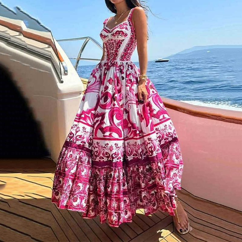  Mediterranean Italian Maiolica Pattern Maxi Dress