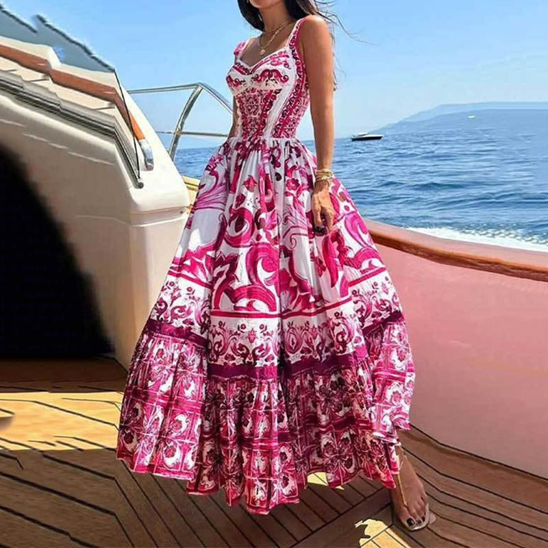  Mediterranean Italian Maiolica Pattern Maxi Dress