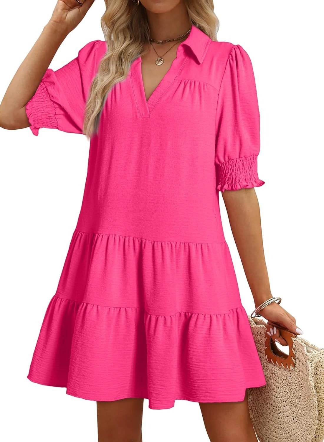 Women's Smocked Sleeve Tiered V-Neck Mini Dress
