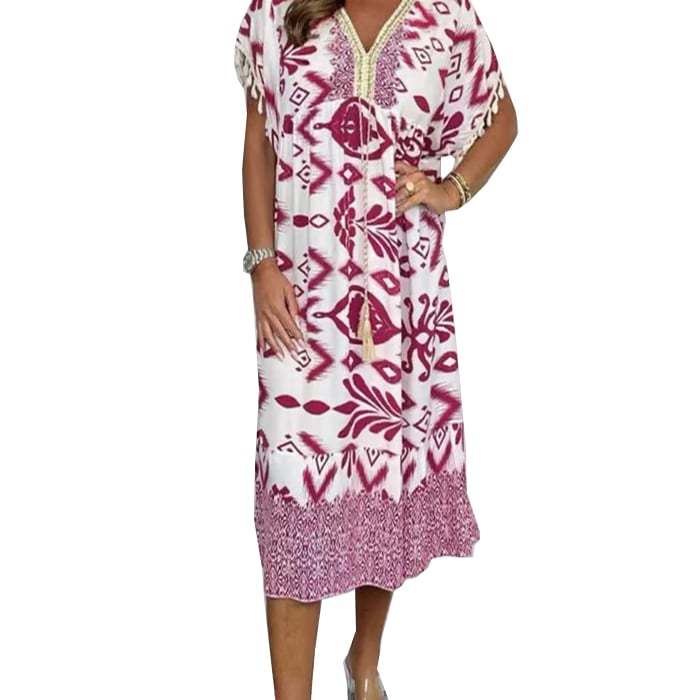 Printed Casual Dress With V-Neckline and Fringes on the Short Sleeves