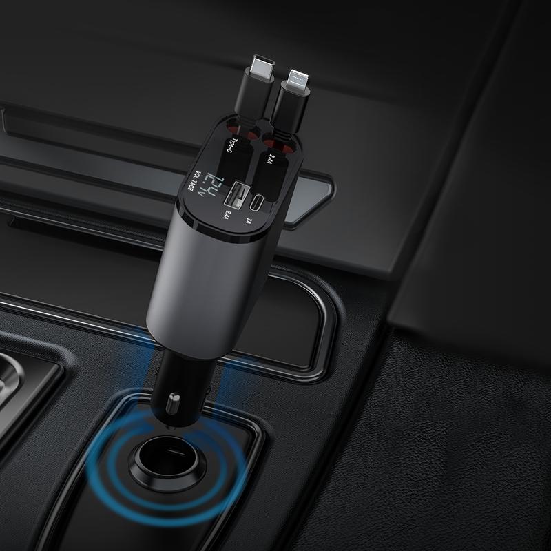 AutoSky 4 in 1 Retractable Car Charger with Fast Charge - USB-C & Lightning cable plus a USB-C and USB-A port