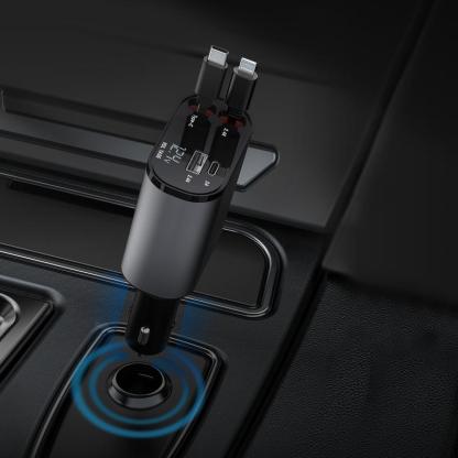 AutoSky 4 in 1 Retractable Car Charger with Fast Charge - USB-C & Lightning cable plus a USB-C and USB-A port