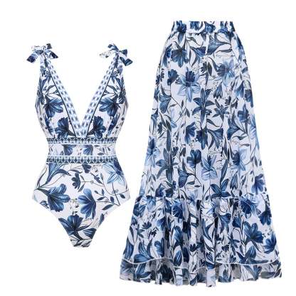 V Neck Ruffle Lace Up Printed One Piece Swimsuit and Skirt