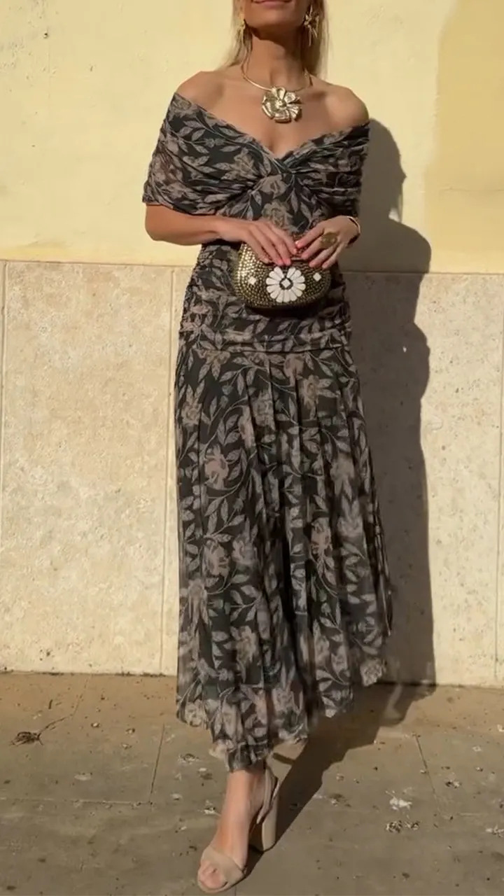 Women's off-the-shoulder V-neck printed dress