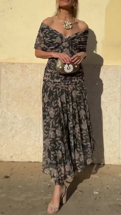 Women's off-the-shoulder V-neck printed dress