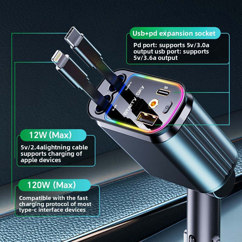 Starry Sky Roof Car Charger120W Super Fast Charging Car Charger with Retractable Cable Ambient Light for Car Interior Cigarette Lighter