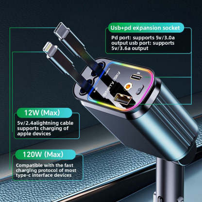 Starry Sky Roof Car Charger120W Super Fast Charging Car Charger with Retractable Cable Ambient Light for Car Interior Cigarette Lighter