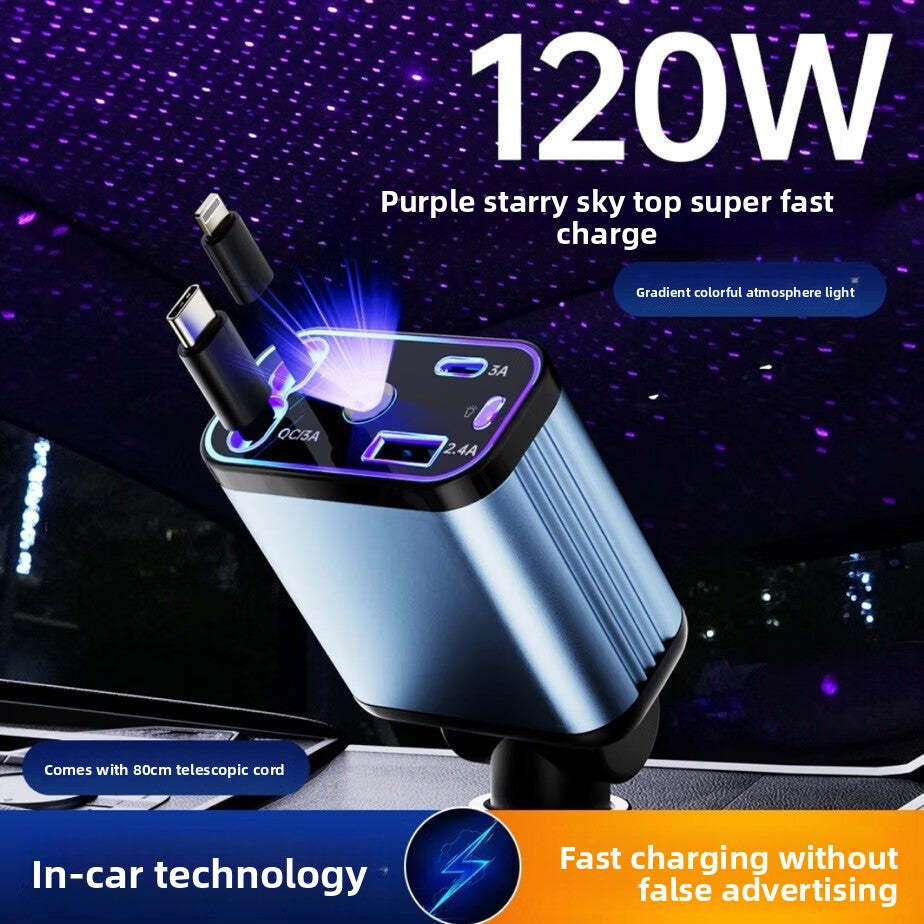 Starry Sky Roof Car Charger120W Super Fast Charging Car Charger with Retractable Cable Ambient Light for Car Interior Cigarette Lighter