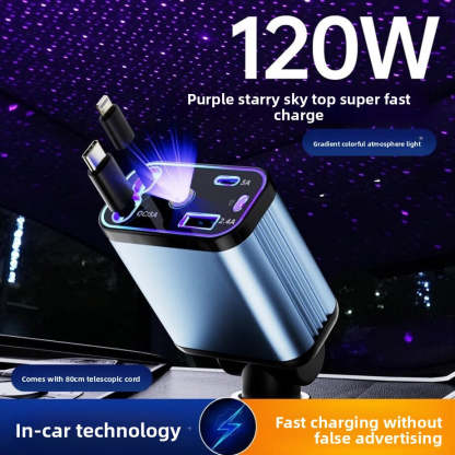 Starry Sky Roof Car Charger120W Super Fast Charging Car Charger with Retractable Cable Ambient Light for Car Interior Cigarette Lighter
