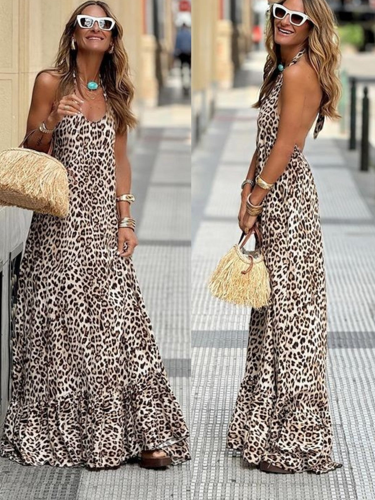 Sexy leopard print halter neck backless maxi dress