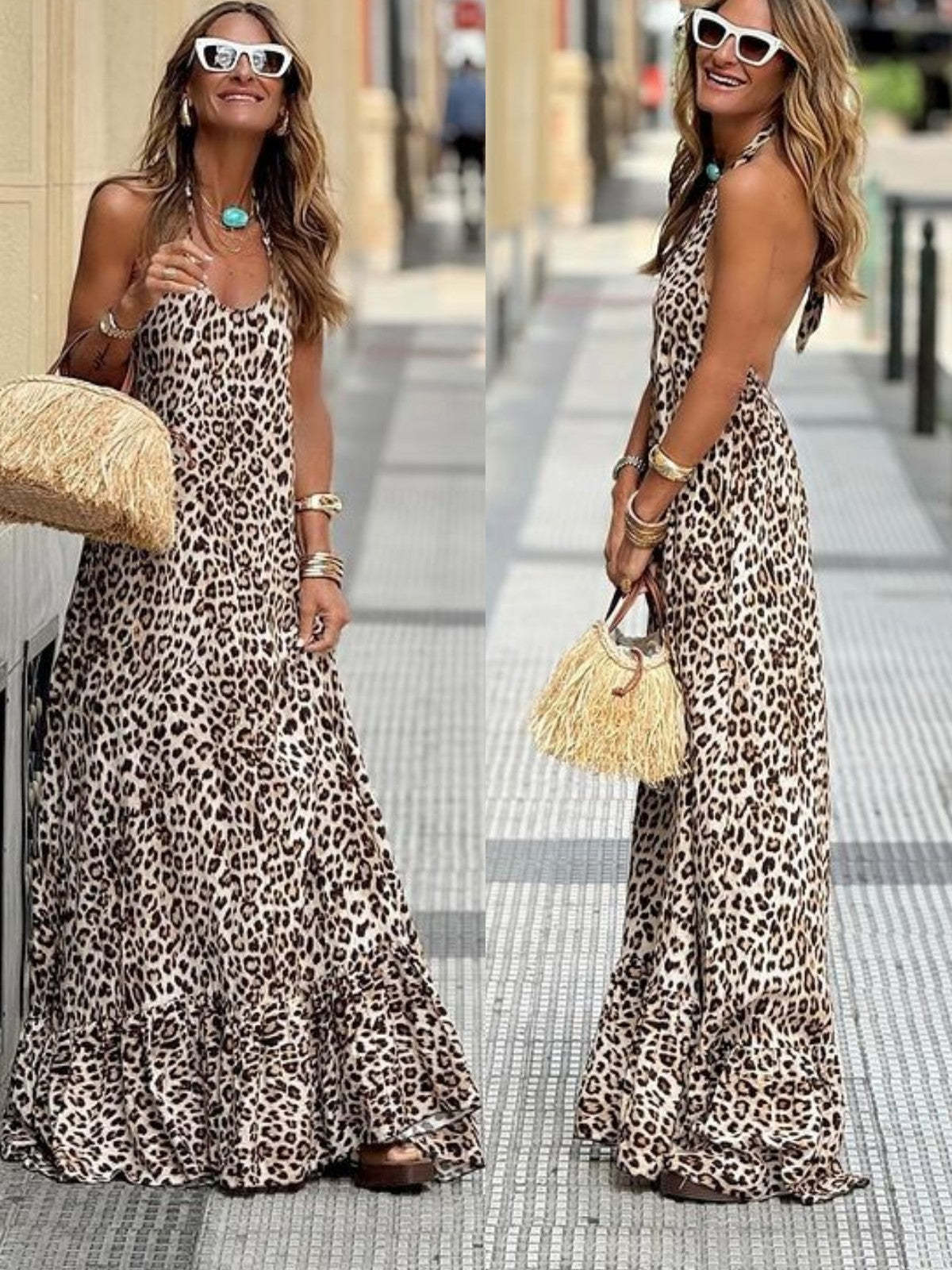 Sexy leopard print halter neck backless maxi dress
