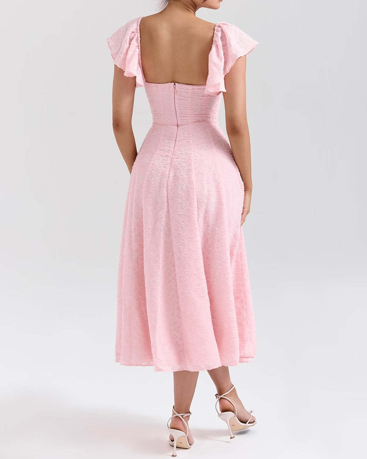 Pink Jacquard Ruched Square Neck Midi Dress