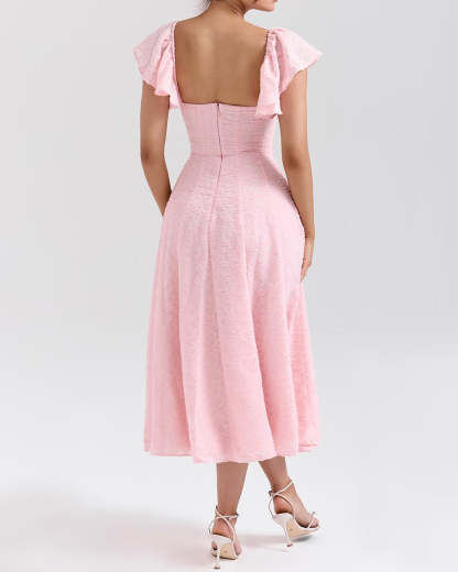 Pink Jacquard Ruched Square Neck Midi Dress